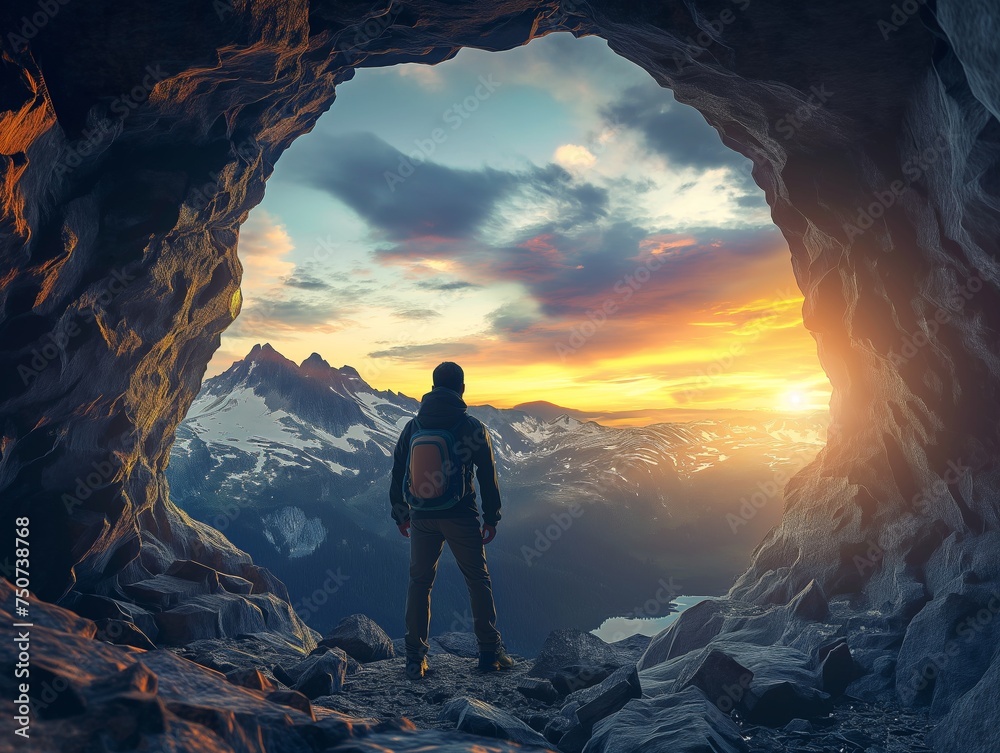 A hiker stands at a cave entrance, gazing at a majestic mountain landscape at sunset