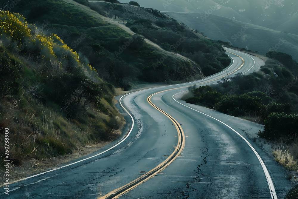 Captivating shots of a winding road leading towards the scenic backdrop of untouched nature