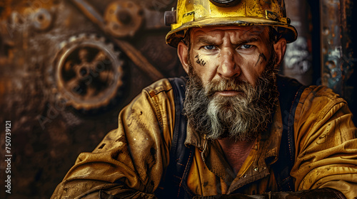 A portrait photography of miner worker with hard hat.