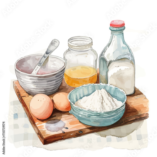 Watercolor still life with ingredients for dough making. Flour, milk, eggs, vector