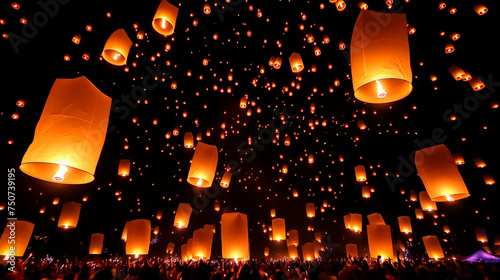 Chinese paper Fly Lanterns in night sky.