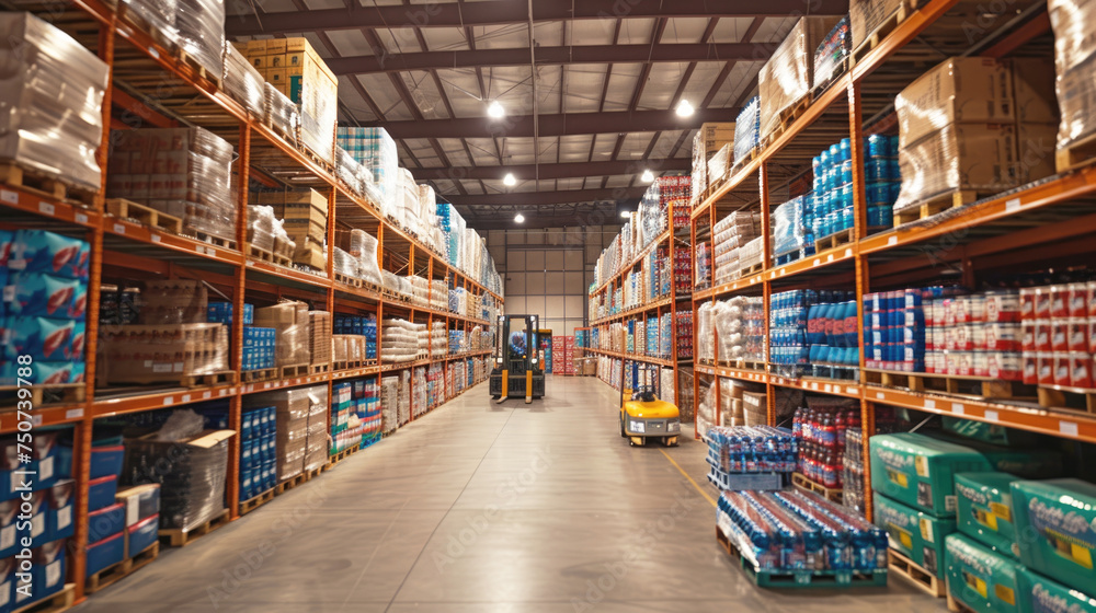 A busy retail warehouse where the shelves are overflowing with boxes of merchandise waiting to be distributed. Pallets of goods are strategically placed, with forklifts running between them.