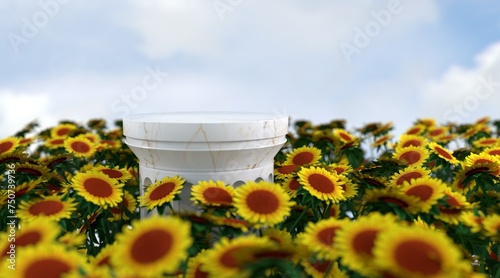 Abstract podium backdrop with flowers and sky backlground field scene. 3d rendering. photo