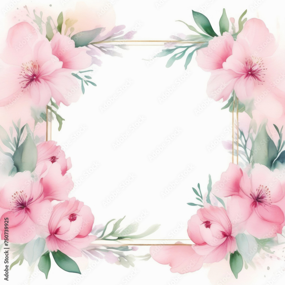 Naklejka premium Blossoming flowers. Watercolor floral pastel color background with gold glittering frame in center. Copy space for text. Invitation, greeting card template. Romantic, wedding, spa
