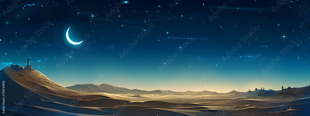 A dusk sky with a half moon hangs over majestic mountains wallpaper background banner design. Nature illustration.
