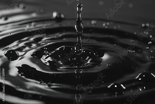 A monochrome macro photograph captures a solitary drop of liquid falling into a pool of water, creating a perfect circular ripple effect in black and white