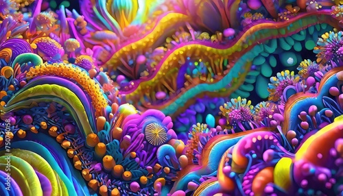 Generated image of a psychedelic flower-power 60's background with wavy and swirly stripes, flowers and deep perspective.