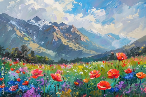 Beautiful spring landscape with colorful poppy flowers