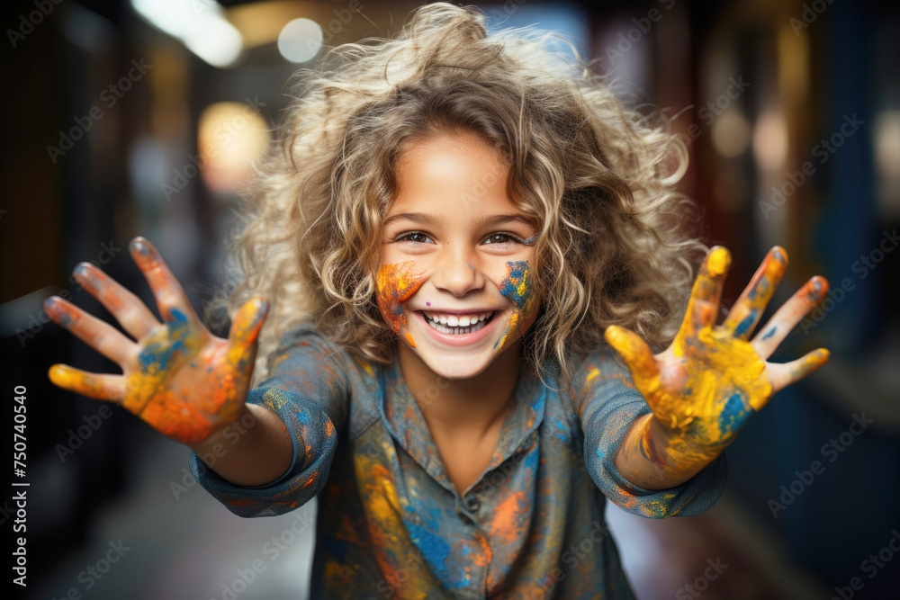 A little girl plays with colored paints. Hand drawing. Creative and happy childhood concept.	