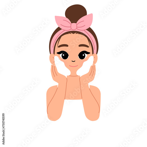 beautiful woman using facial cleanser foam character illustration