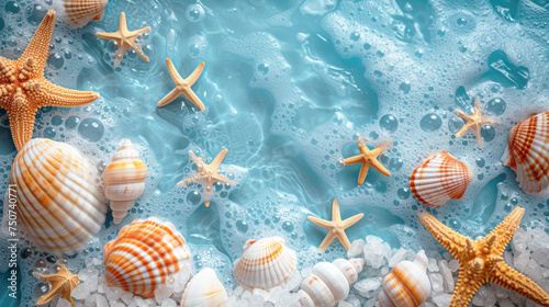 Starfish, shell on the sand on the beach and blue sea. Summer sea background. Vacation by the sea concept. Copy space. © Katerina Bond