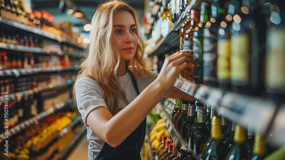 Woman selecting liquor bottle in a supermarket Woman selecting liquor bottle in a supermarket
