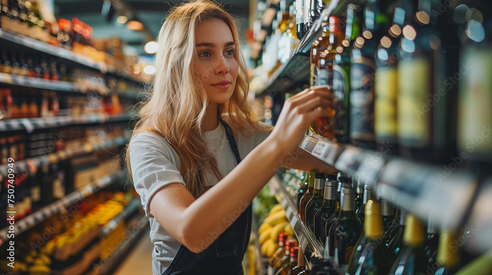 Woman selecting liquor bottle in a supermarket