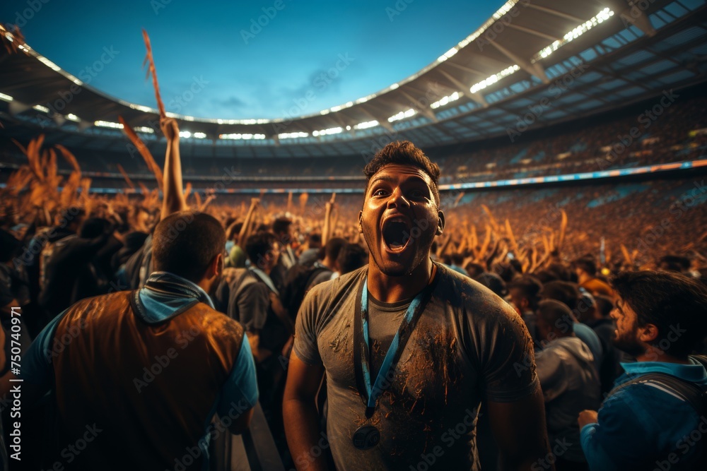A joyous crowd of fans stands in a stadium, raising their arms in the air, under the morning sky filled with clouds, amidst the lush green grass, rejoicing in nature&#039;s embrace - obrazy, fototapety, plakaty 