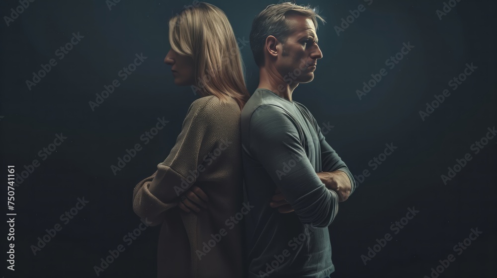 Man and a woman are standing back to back with their arms crossed - obrazy, fototapety, plakaty 
