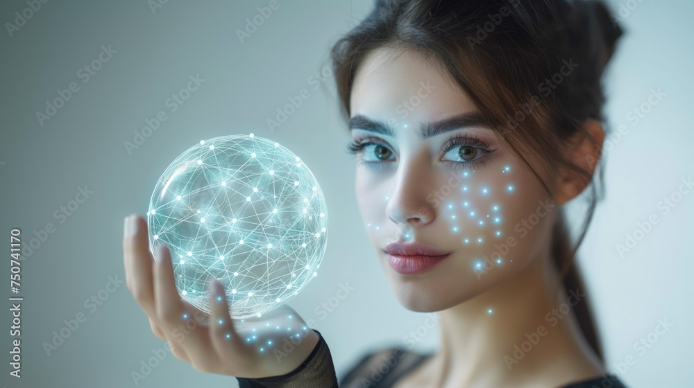 Young caucasian woman or a girl holding a futuristic glowing virtual ball of global network wireless connection digital technology symbol or Internet communication Young caucasian woman or a girl holding a futuristic glowing virtual ball of global network wireless connection digital technology symbol or Internet communication