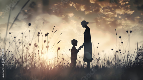 A silhouette of a mother and son photography in vintage style.