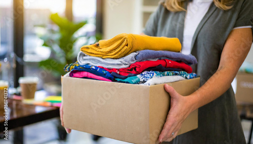 colorful donation box full of clothing ; woman holding a box with clothes in it