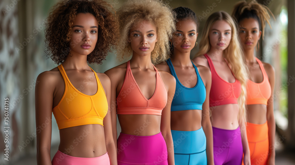 Several young female models wearing colorful yoga pants and sport top.