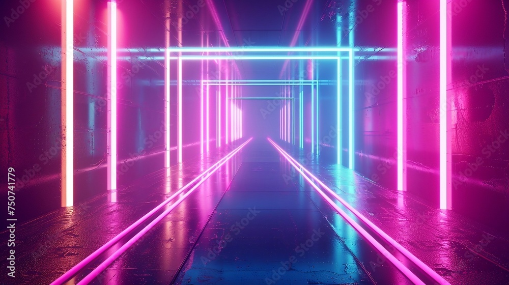 3d render, abstract futuristic neon background with glowing ascending lines. Fantastic wallpaper 