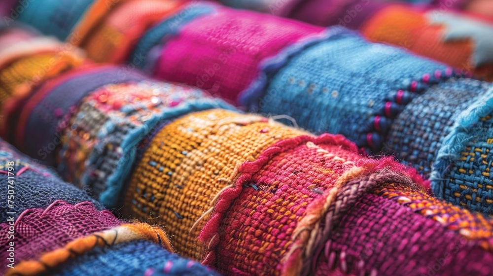 A macro photograph capturing the vibrant colors and rich textures of individual fabric patches in a patchwork blanket, with threads and seams visible up close
