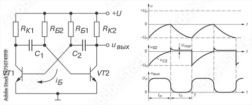 Vector graphics of analog signal. 
Graph of voltage versus time.
Drawing electrical circuit with resistor,
capacitor, transistor, conductor, 
other electronic components. Technical schematic diagram.
