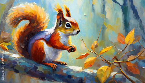 Oil painting of squirrel on tree branch. Forest animal. Hand drawn art. Summer or spring season. Realistic and detailed illustration.