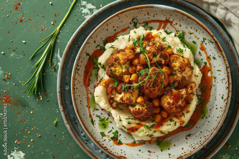 Top view of delicious roasted cauliflower, mashed potatoes and spiced chickpeas served in a rustic style ceramic plate decorated with fresh greenery on a deep green table top. Top view of delicious roasted cauliflower, mashed potatoes and spiced chickpeas served in a rustic style ceramic plate decorated with fresh greenery on a deep green table top.