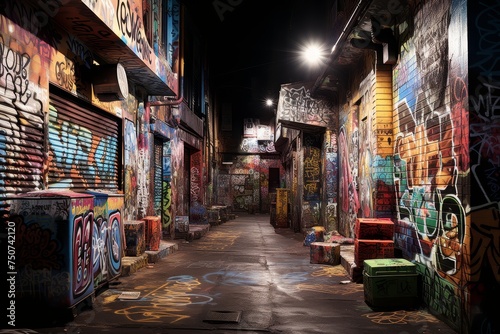 A picture of a narrow alleyway adorned with colorful graffiti. This image captures the vibrant and urban atmosphere of street art © anwel