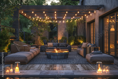 A minimalist patio with string lights, comfortable outdoor furniture, and a fire pit in the center. photo