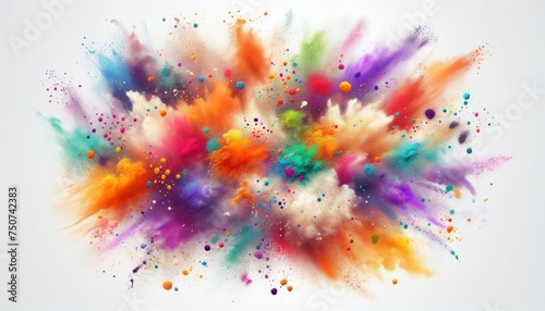 Colorful background of dust brush strokes Holi powder stains in bright colors of orange green purple.The spring festival of Holi with rainbow colors and powder in the air symbolizes unity and joy
