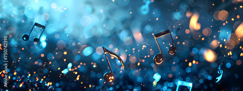 A musical note on blue glow background banner illustration design. photo