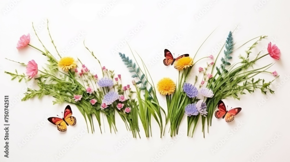 Group of Flowers and Butterflies on White Background