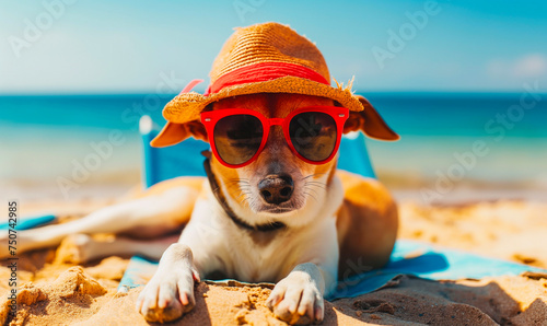 Stylish Chihuahua Dog Sunbathing at the Beach with Sunglasses and Hat © Patrick