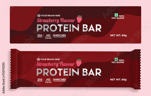 Protein Bar Label Packaging Design, Strawberry flavor chocolate wrap paper design, Bar Packaging Design Ideas Download Editable Vector File Illustration. Snacks Protein Bar Branding Template Design.