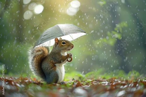 Squirrel Holding an Umbrella in the Rain