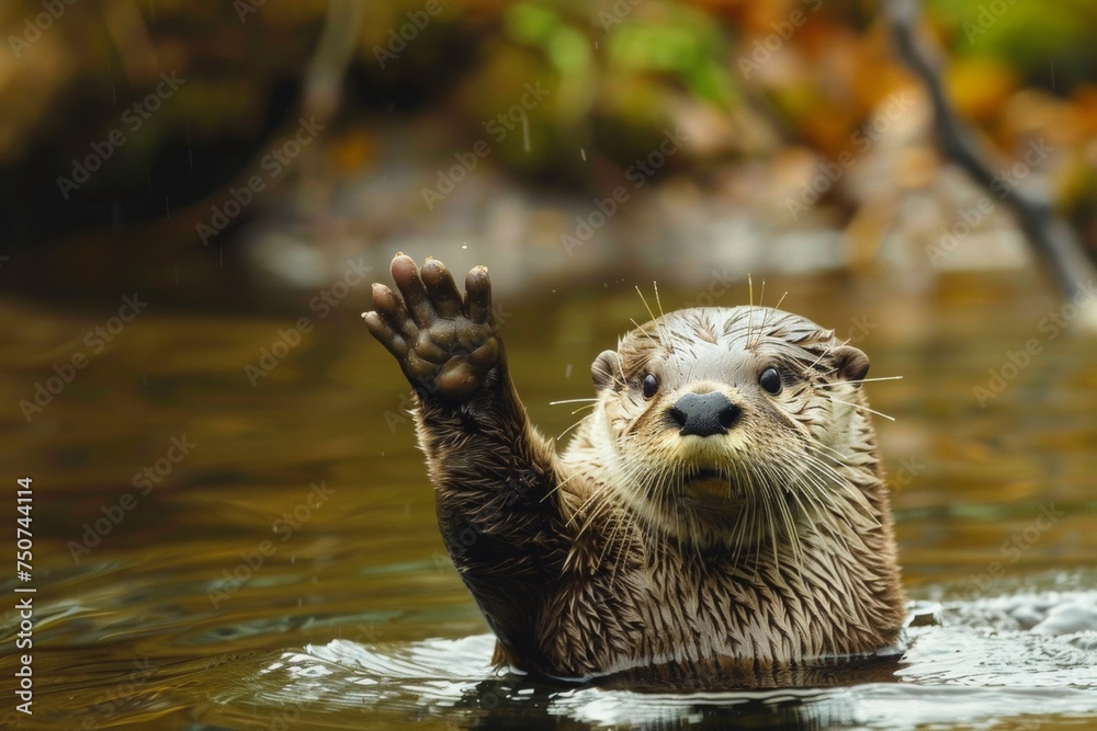 Otter Waving in Water Surrounded by Nature