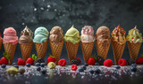 Assorted Ice Cream Cones with Fresh Berries and Powdered Sugar