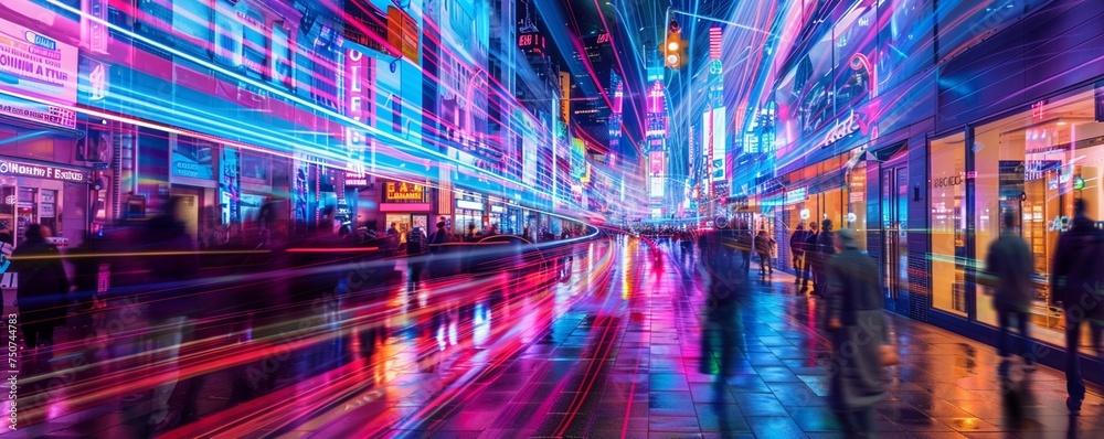 Dynamic neonlit pedestrian streets in a smart city where digital art and conceptual designs merge fostering creative collaborations
