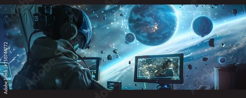 Collaborative virtual workspaces in orbit where professionals from various planets connect and innovate together photo