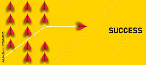 red paper airplane.
paper airplane flying in the direction of success by flying differently from other airplanes.