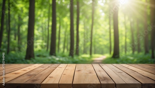 Empty Wooden Table Background Blurred Green Sunny Forest, Wooden Table