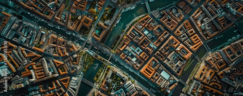 Smart city infrastructure visualized from above highlighting efficient waste management and energy distribution networks