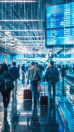 Travelers at a futuristic airport with biometric security checks showcasing hasslefree and secure global mobility photo