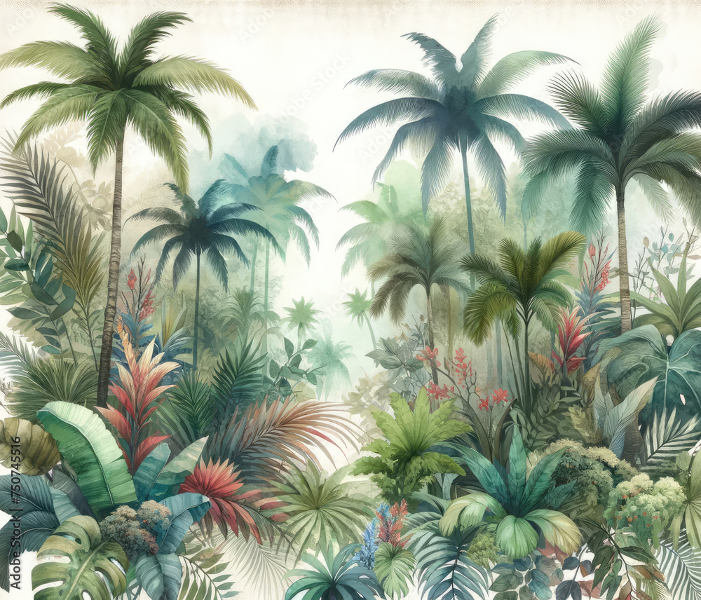 Landscape Forest wallpaper with tropical leaves And Palm Tree . Hand Drawn Design. Luxury Wall Mural , wall art  , old vintage drawing , Watercolor 