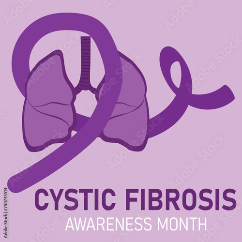 Cystic Fibrosis month. Vector cartoon illustration of lungs and awereness ribbon.