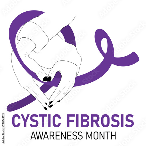 Cystic fibrosis poster. Vector cartoon illustration of  hands with a heart shape holding a purple ribbon.