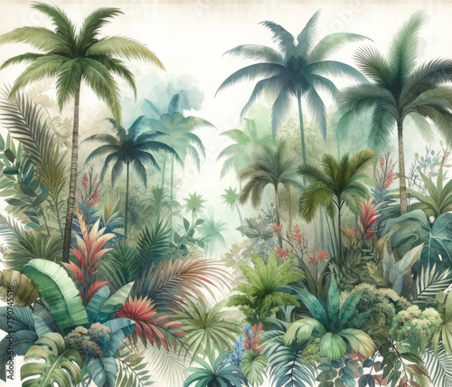 Landscape Forest wallpaper with tropical leaves And Palm Tree . Hand Drawn Design. Luxury Wall Mural   wall art    old vintage drawing   Watercolor 