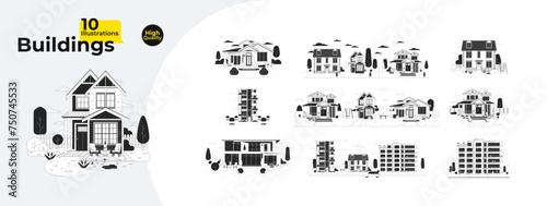 Houses types black and white cartoon flat illustration bundle. Modern residential buildings 2D lineart objects isolated. Home dwelling exterior living monochrome vector outline image collection