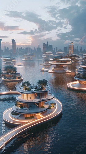 Waterfront city views featuring floating platforms for sustainable living powered by tidal energy and connected by light bridges